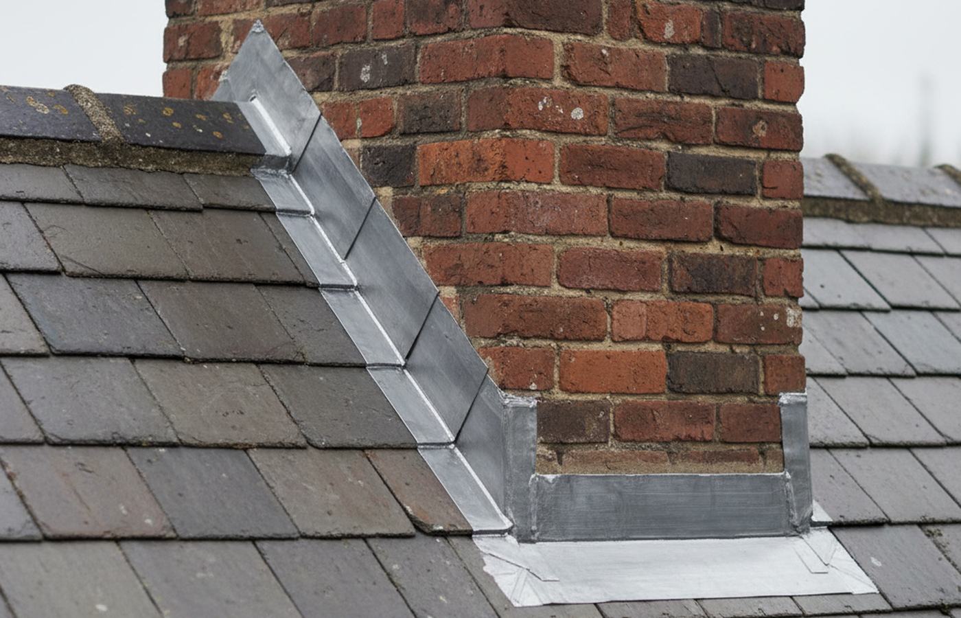 Natural Welsh slate laid in courses with a lead valley